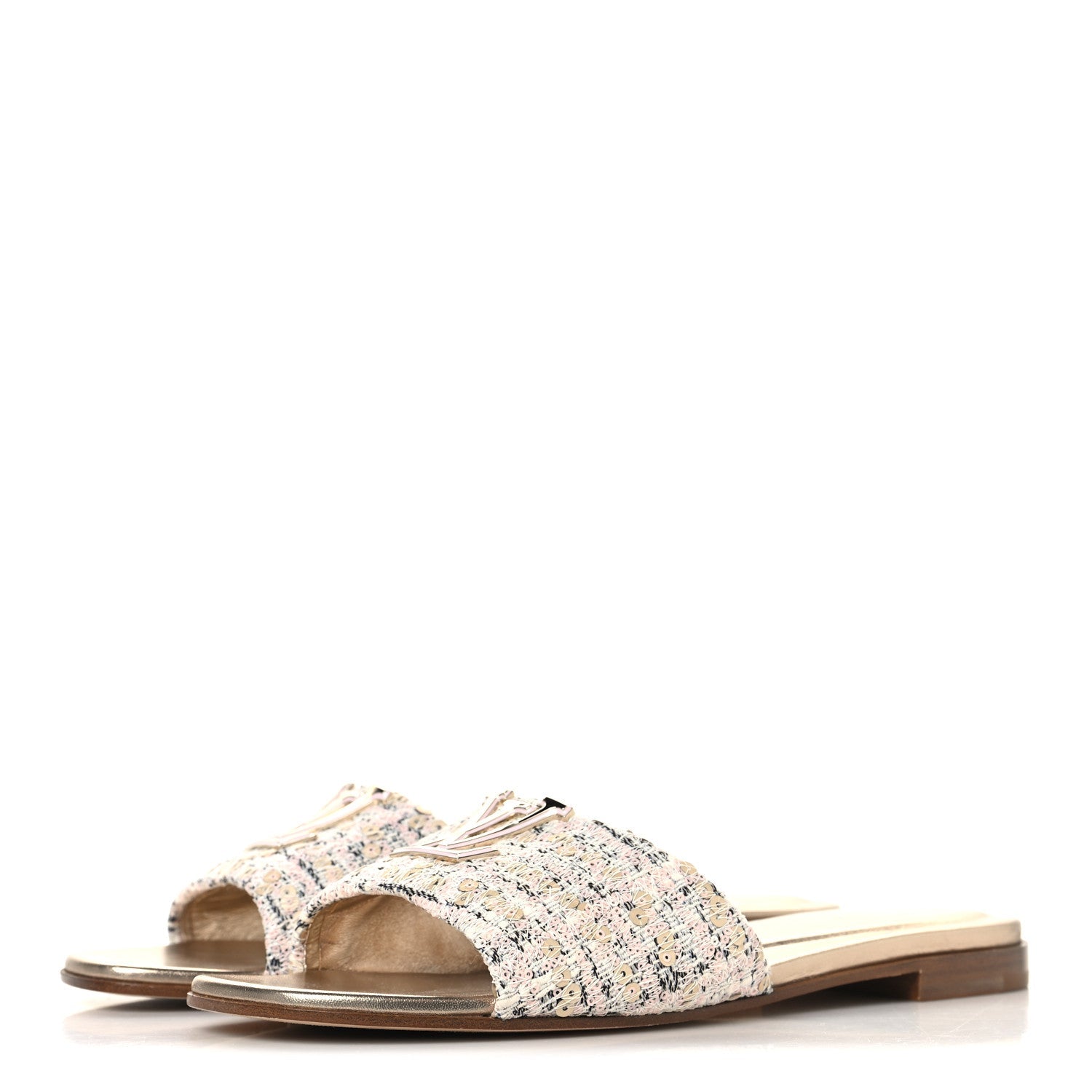 Louis Vuitton Tweed Sequin LV Mare Flat Mule Sandals 39 Light Gold