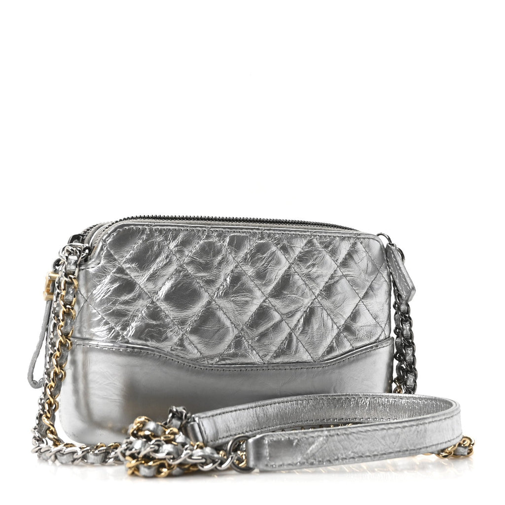 Chanel Metallic Lambskin Calfskin Quilted Small Gabrielle Clutch With Chain Silver