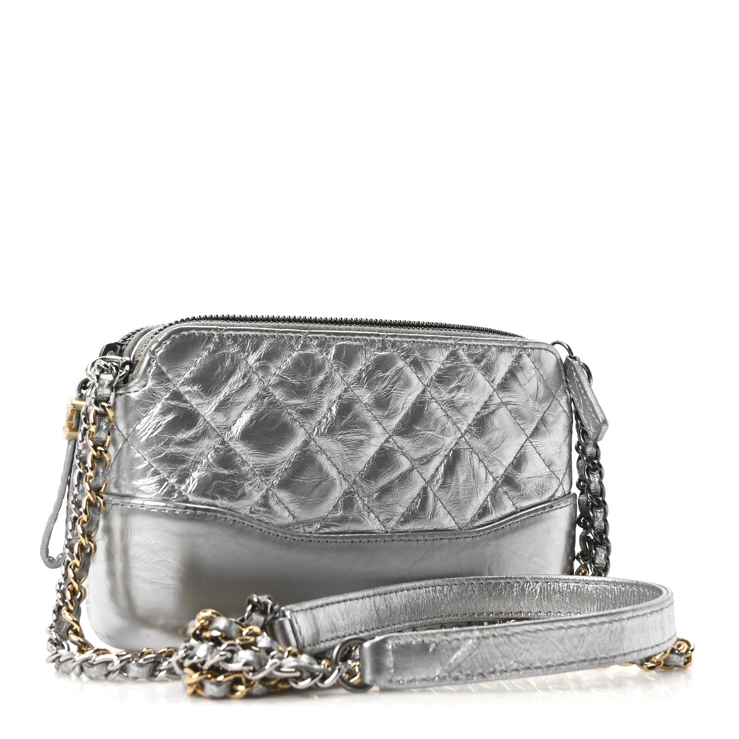 Chanel Metallic Lambskin Calfskin Quilted Small Gabrielle Clutch With Chain Silver