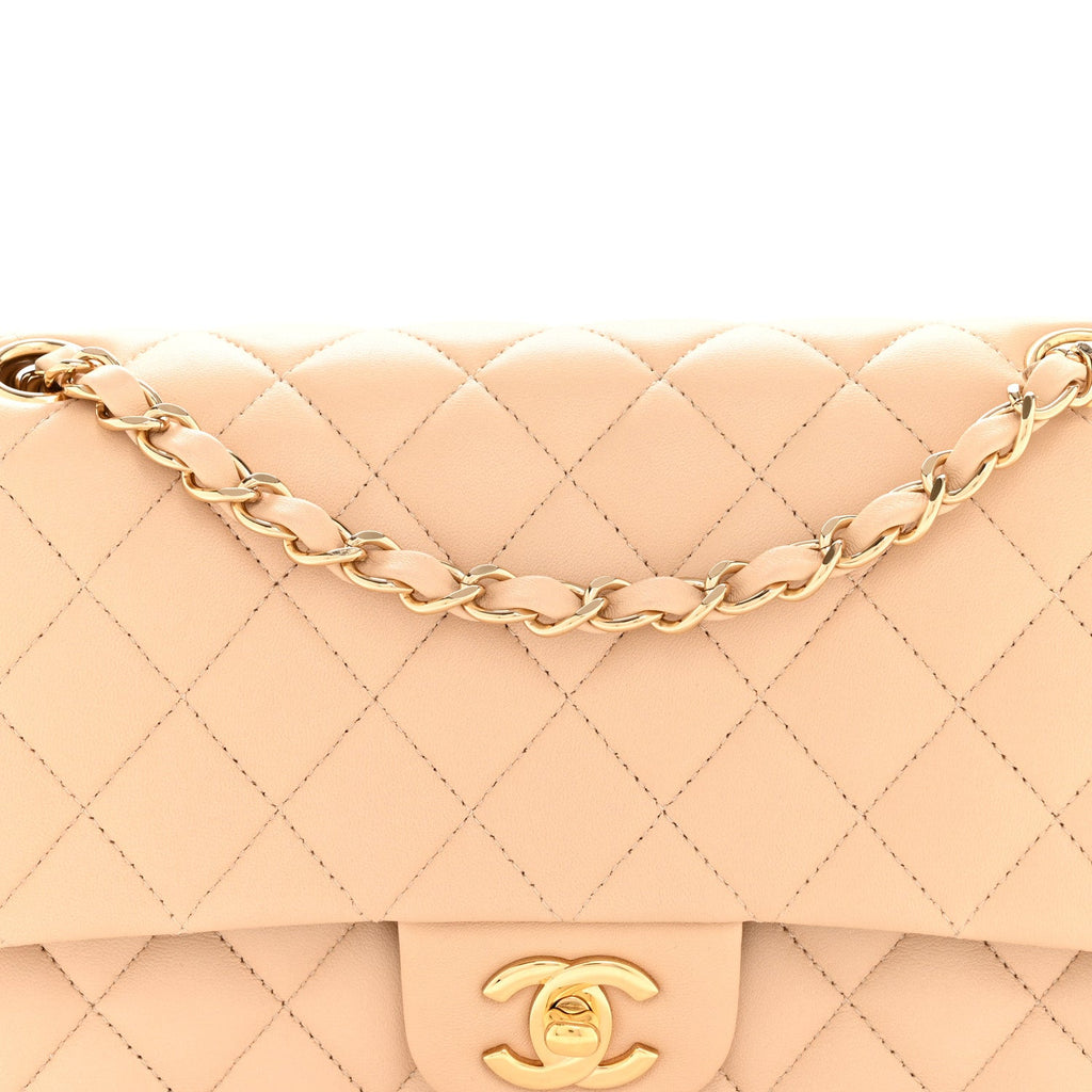 Chanel Lambskin Quilted Medium Double Flap Beige