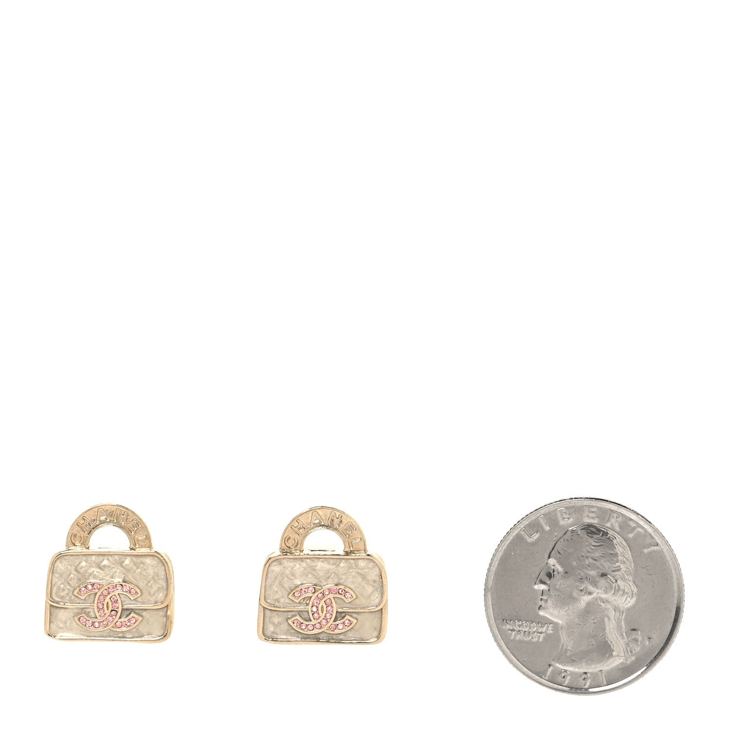 Metal Crystal Resin CC Top Handle Bag Clip On Earrings Pink White Gold