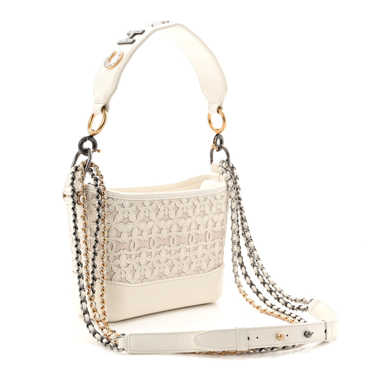 Chanel Calfskin Wool Felt Embossed Small Gabrielle Logo Hobo White