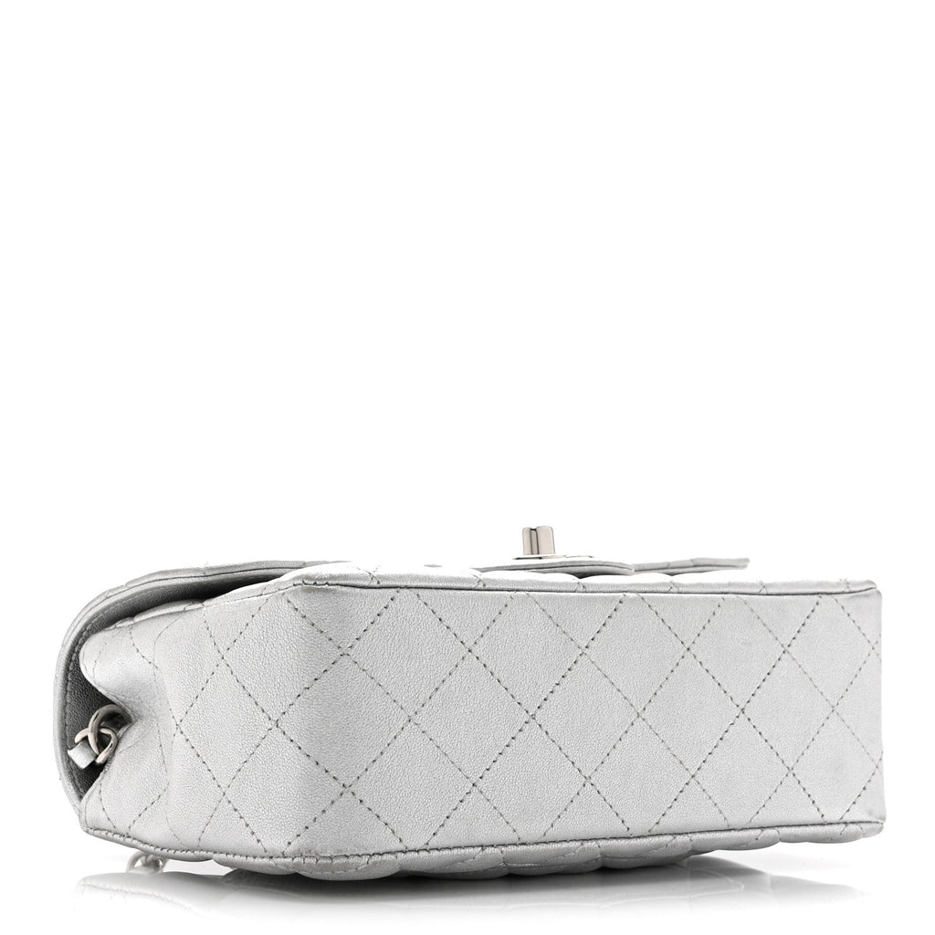 Chanel Metallic Lambskin Quilted Mini Rectangular Flap Silver