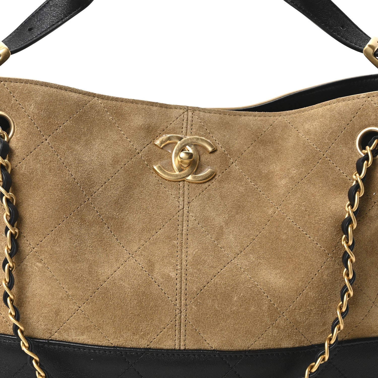 Chanel Suede Calfskin Shiny Lambskin Quilted Small Coco Base Shopping Bag Beige Black