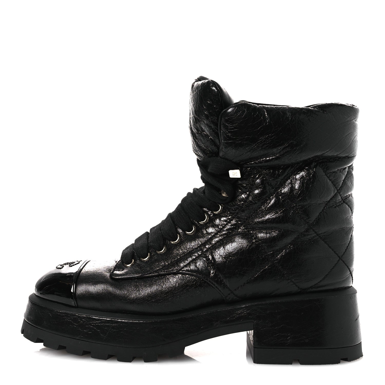 Crumpled Patent Lambskin Calfskin Quilted Lace Up Combat Boots 39 Black