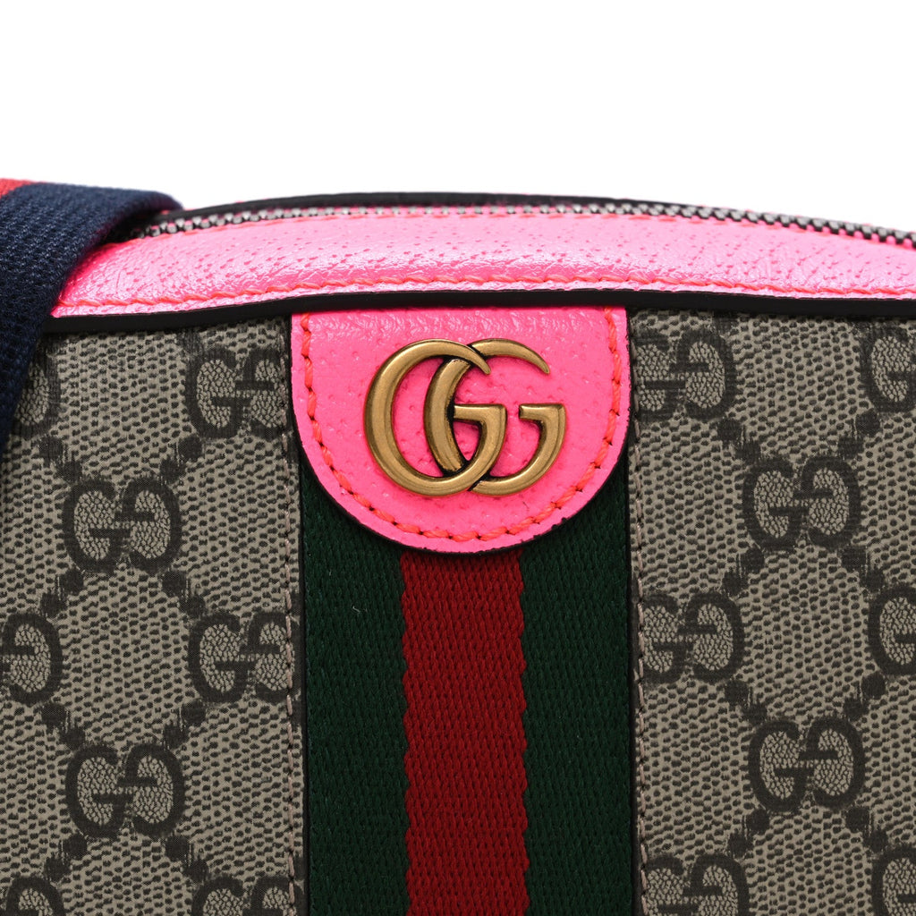 Gucci GG Supreme Monogram Textured Dollar Calfskin Web Ophidia Small Crossbody Bag Beige Ebony Fuchsia