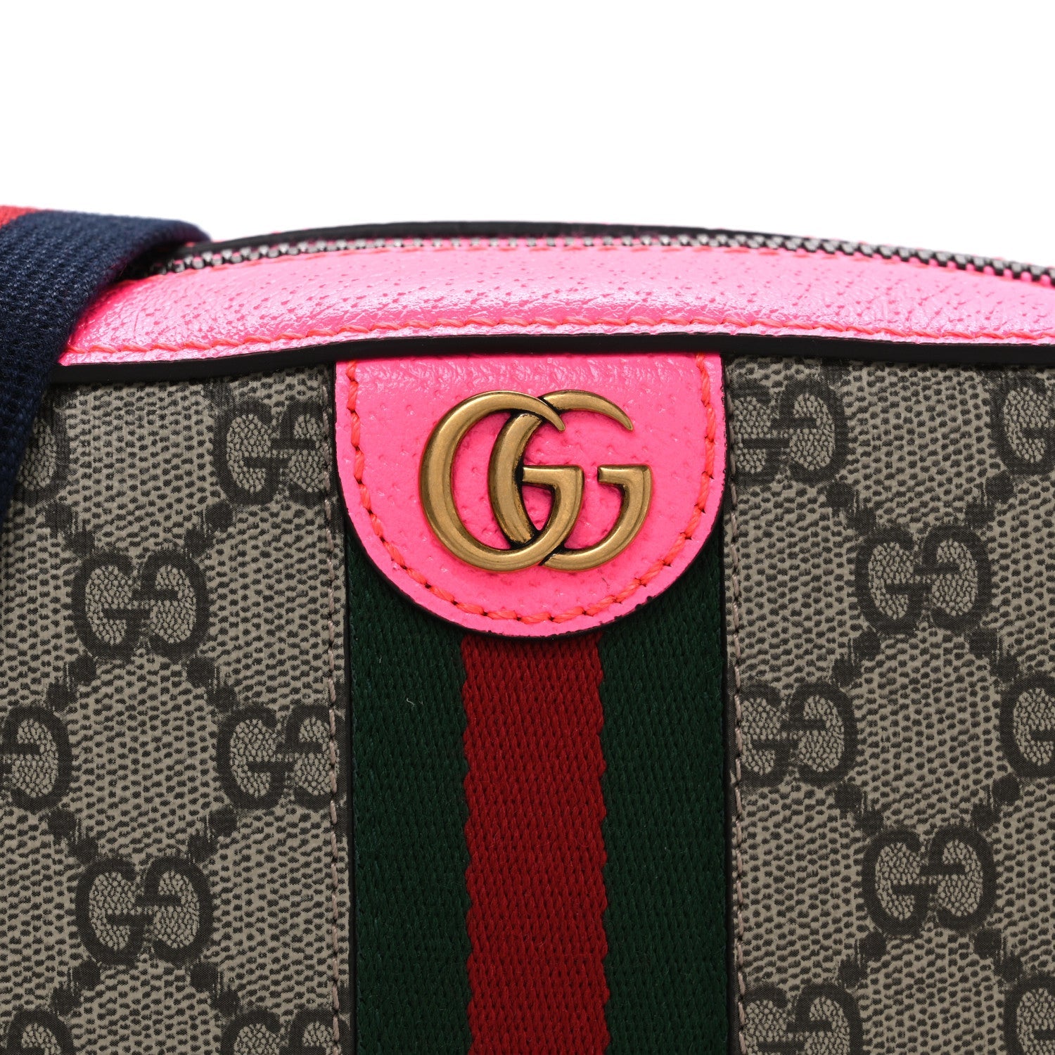 Gucci GG Supreme Monogram Textured Dollar Calfskin Web Ophidia Small Crossbody Bag Beige Ebony Fuchsia