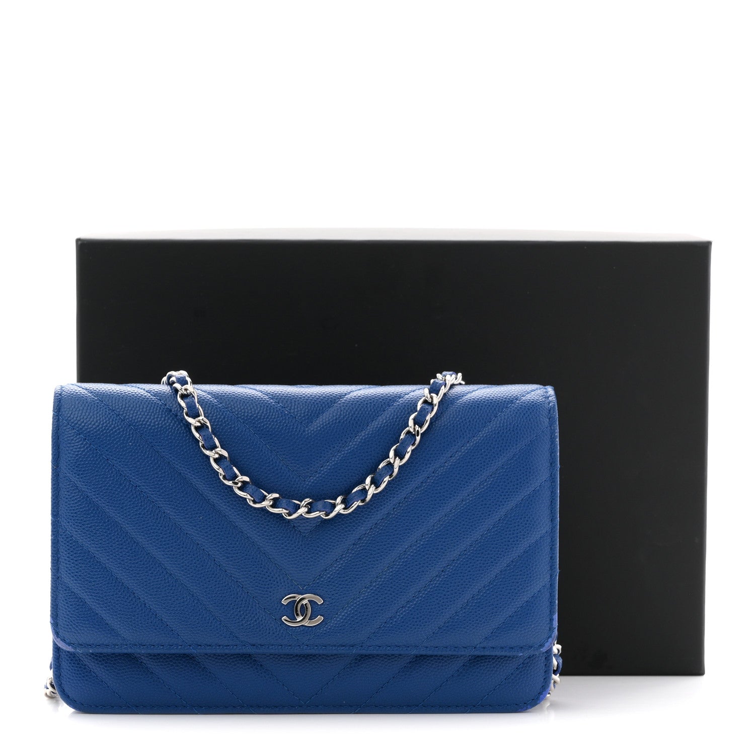Chanel Caviar Chevron Quilted Wallet On Chain WOC Blue