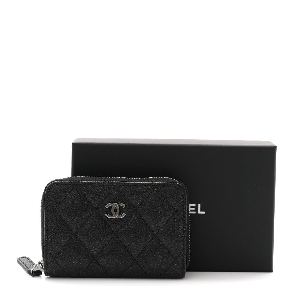 Iridescent Caviar Quilted Zip Coin Purse Black