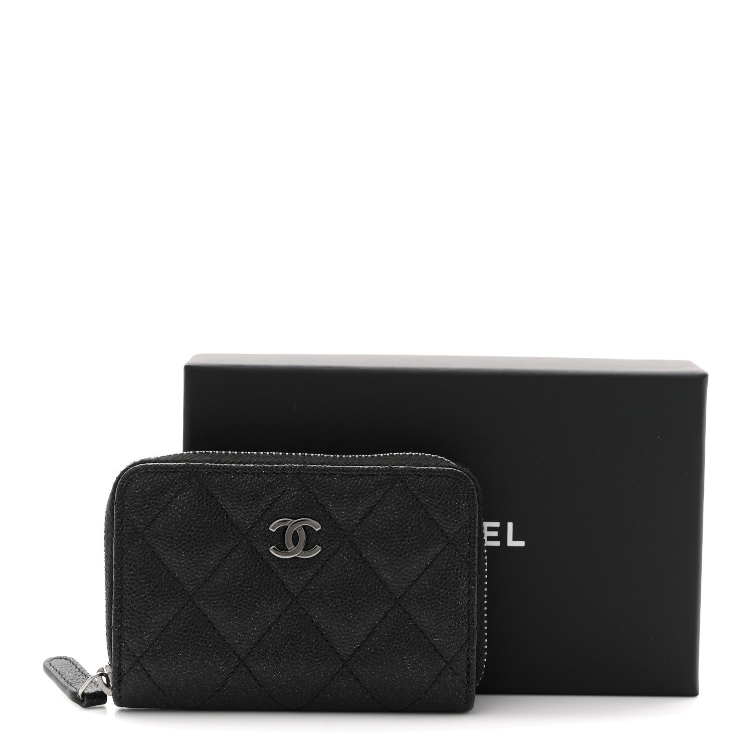 Iridescent Caviar Quilted Zip Coin Purse Black
