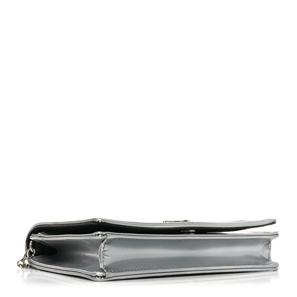 Christian Dior Metallic Patent Micro-Cannage Diorama Wallet on Chain Pouch Silver