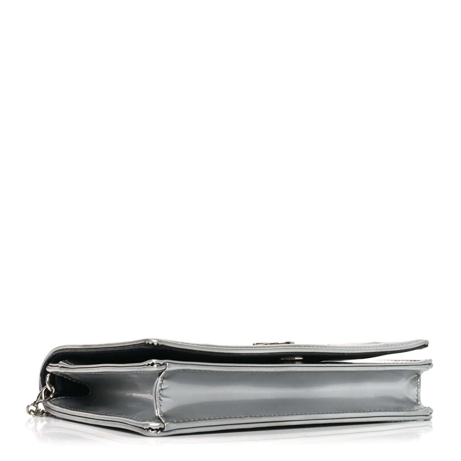 Christian Dior Metallic Patent Micro-Cannage Diorama Wallet on Chain Pouch Silver