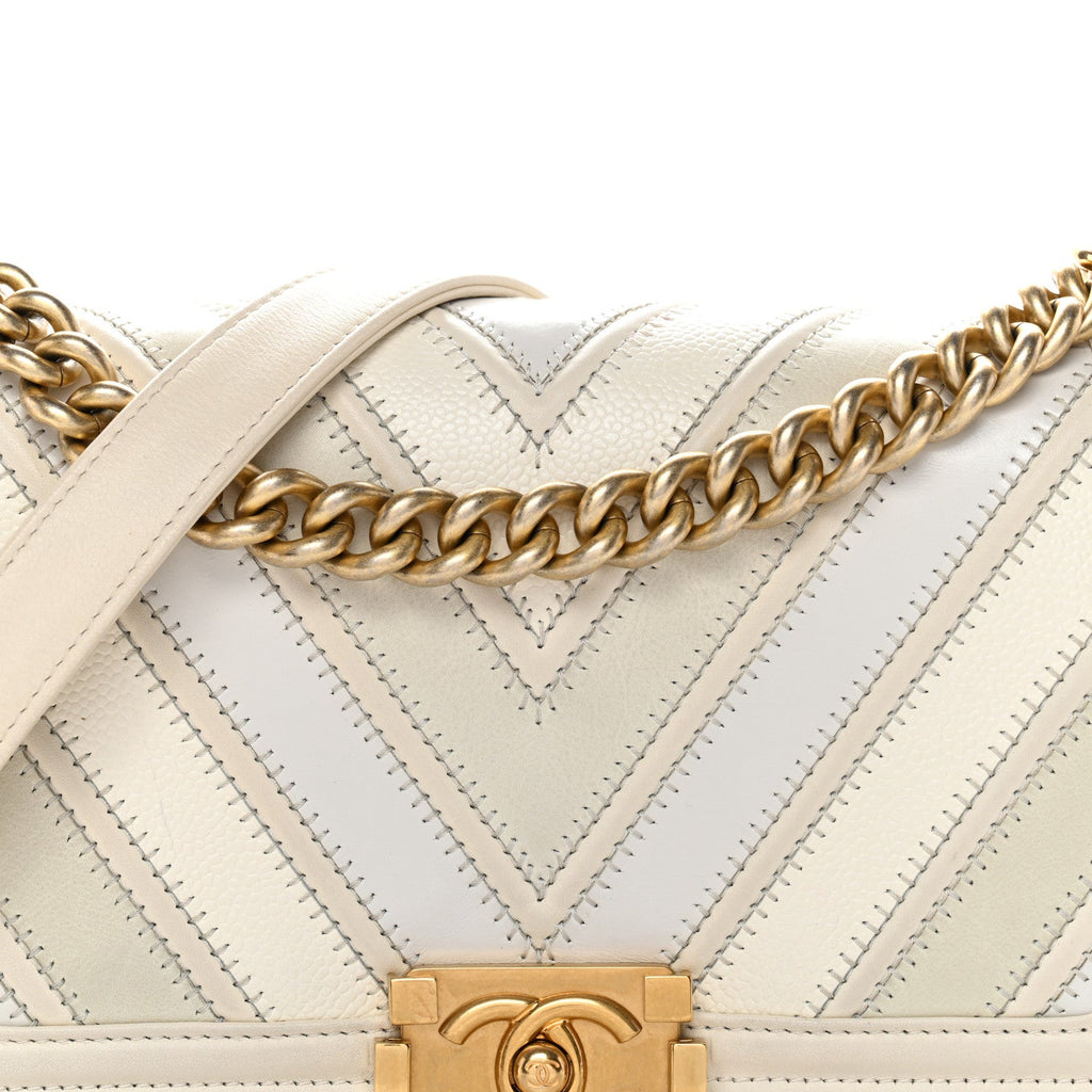 Chanel Caviar Suede Calfskin Chevron Medium Boy Flap White