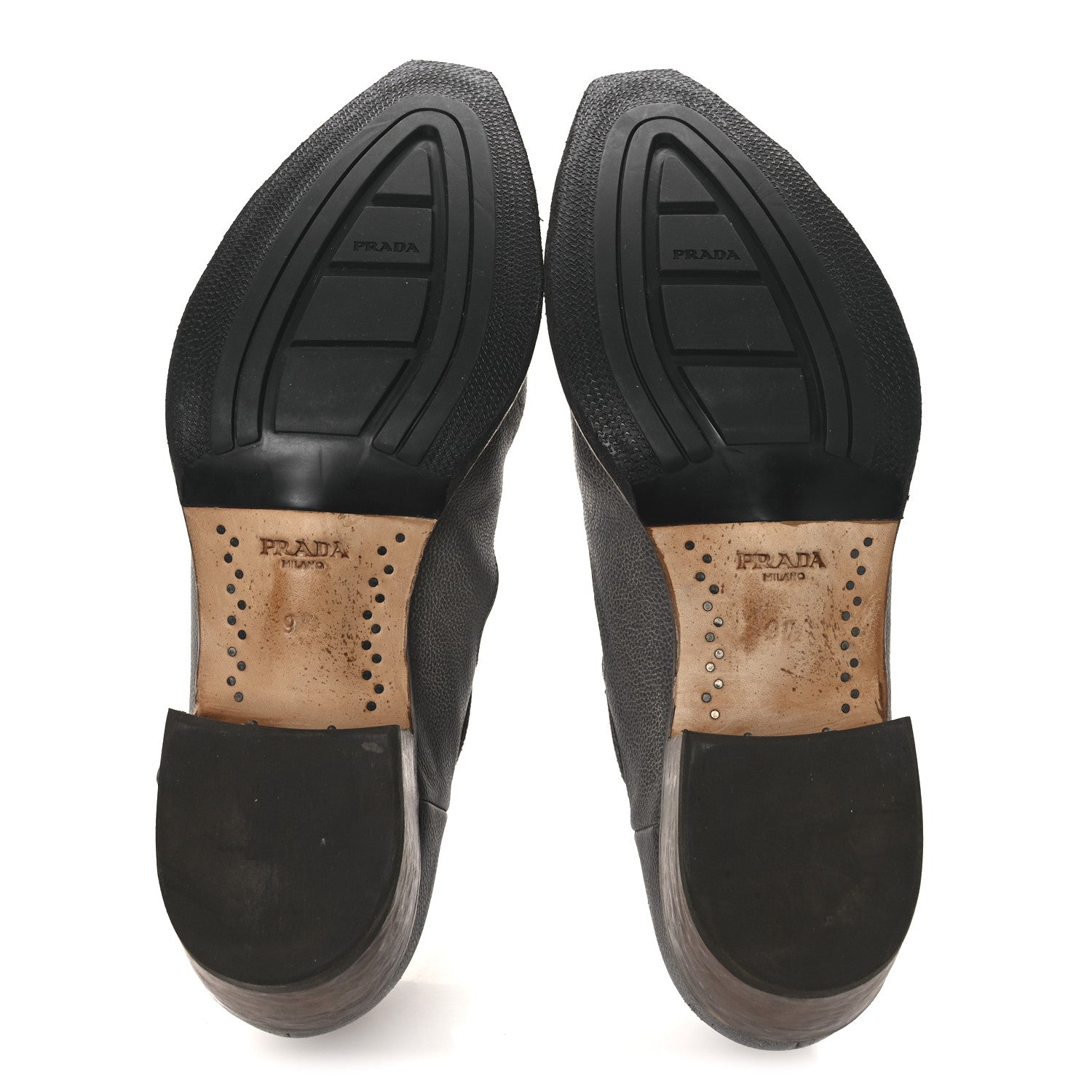 Prada Antique Calfskin Mens Buckle Loafers 9.5 Mercurio