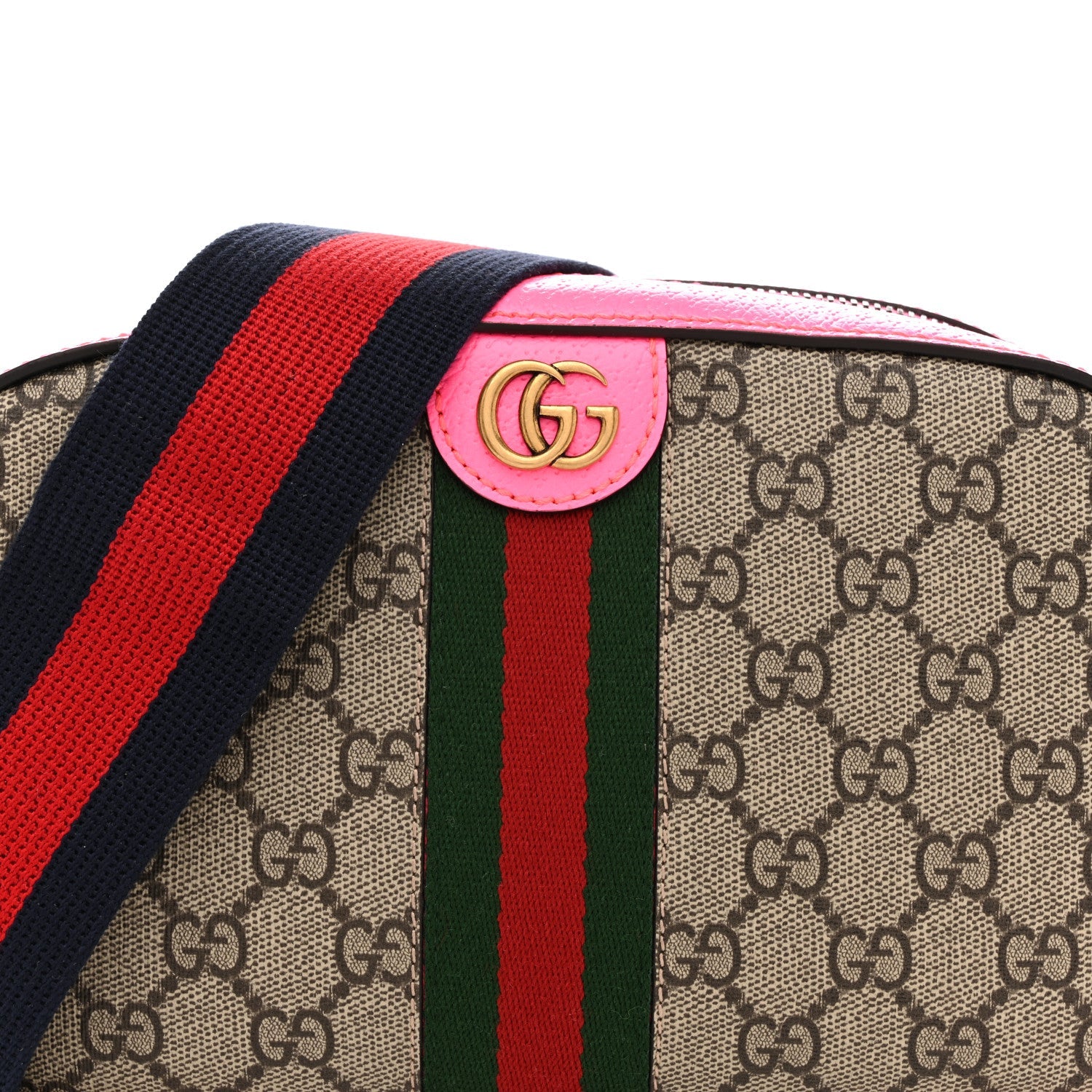 Gucci GG Supreme Monogram Textured Dollar Calfskin Web Ophidia Small Crossbody Bag Beige Ebony Fuchsia