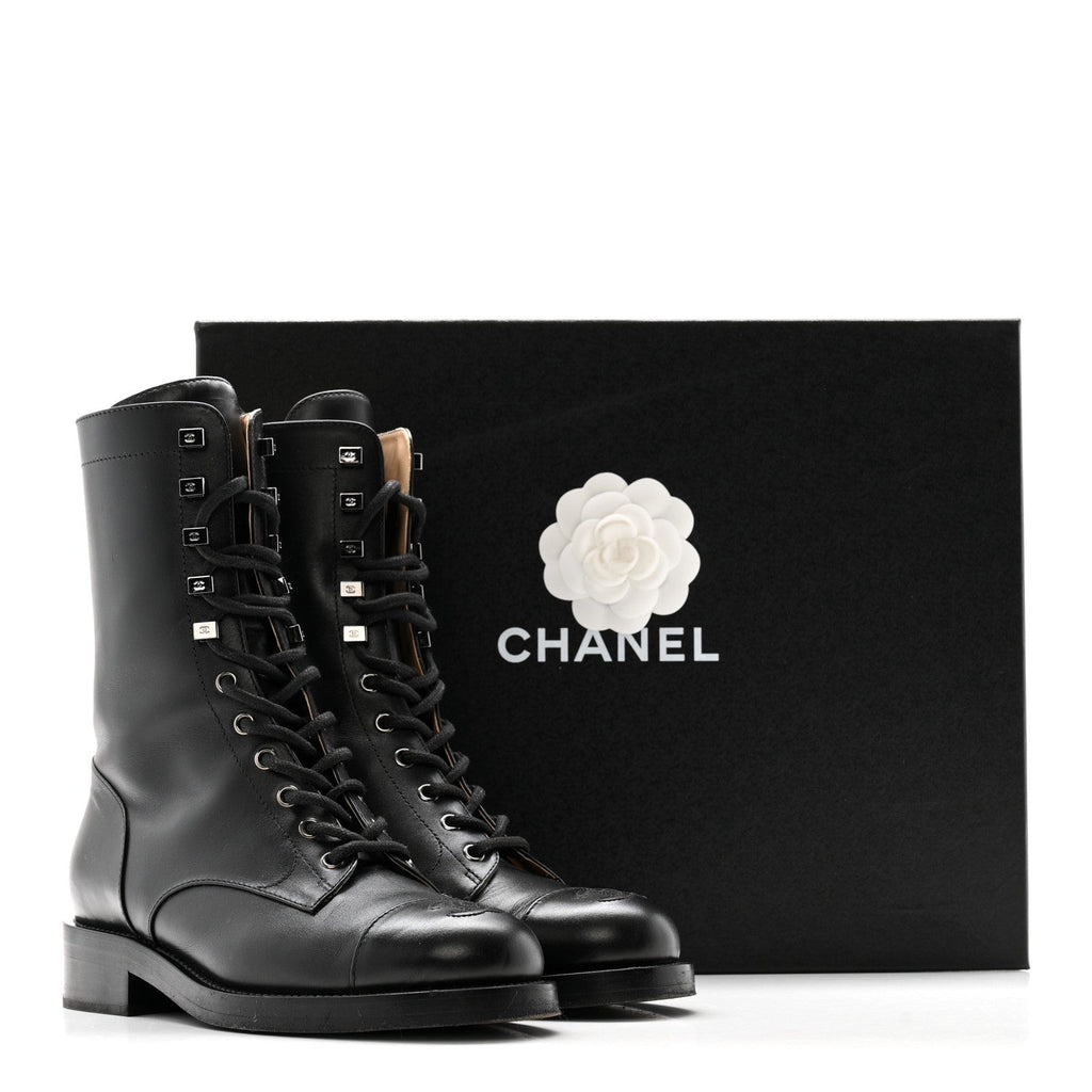 Calfskin Cap Toe Lace Up Combat Boots 38 Black