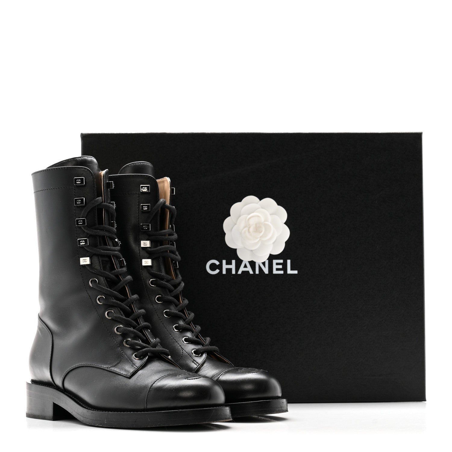 Calfskin Cap Toe Lace Up Combat Boots 38 Black
