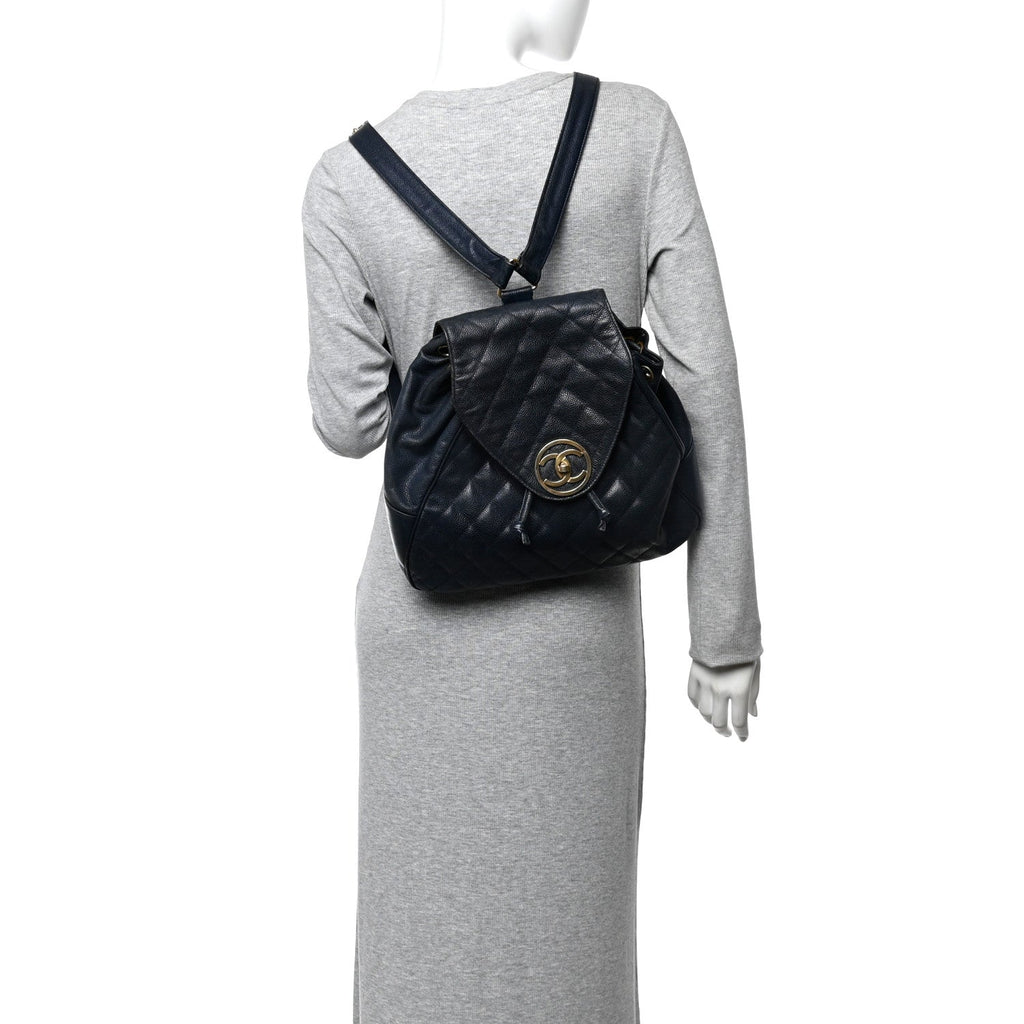 Chanel Caviar Quilted CC Drawstring Backpack Navy