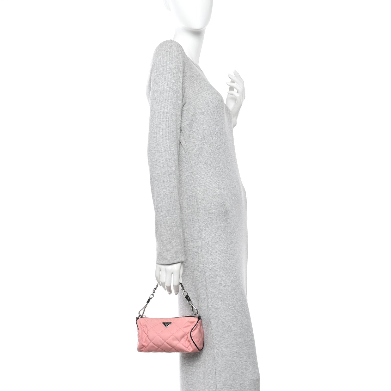 Prada Tessuto Nylon Saffiano Impunturato Quilted Barrel Pochette Pink Black