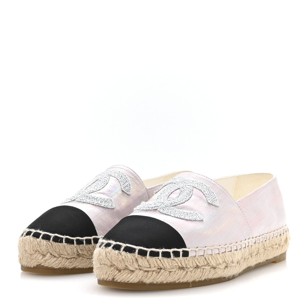 Laminated Lambskin Grosgrain Embroidered CC Espadrilles 36 Pink Silver Black