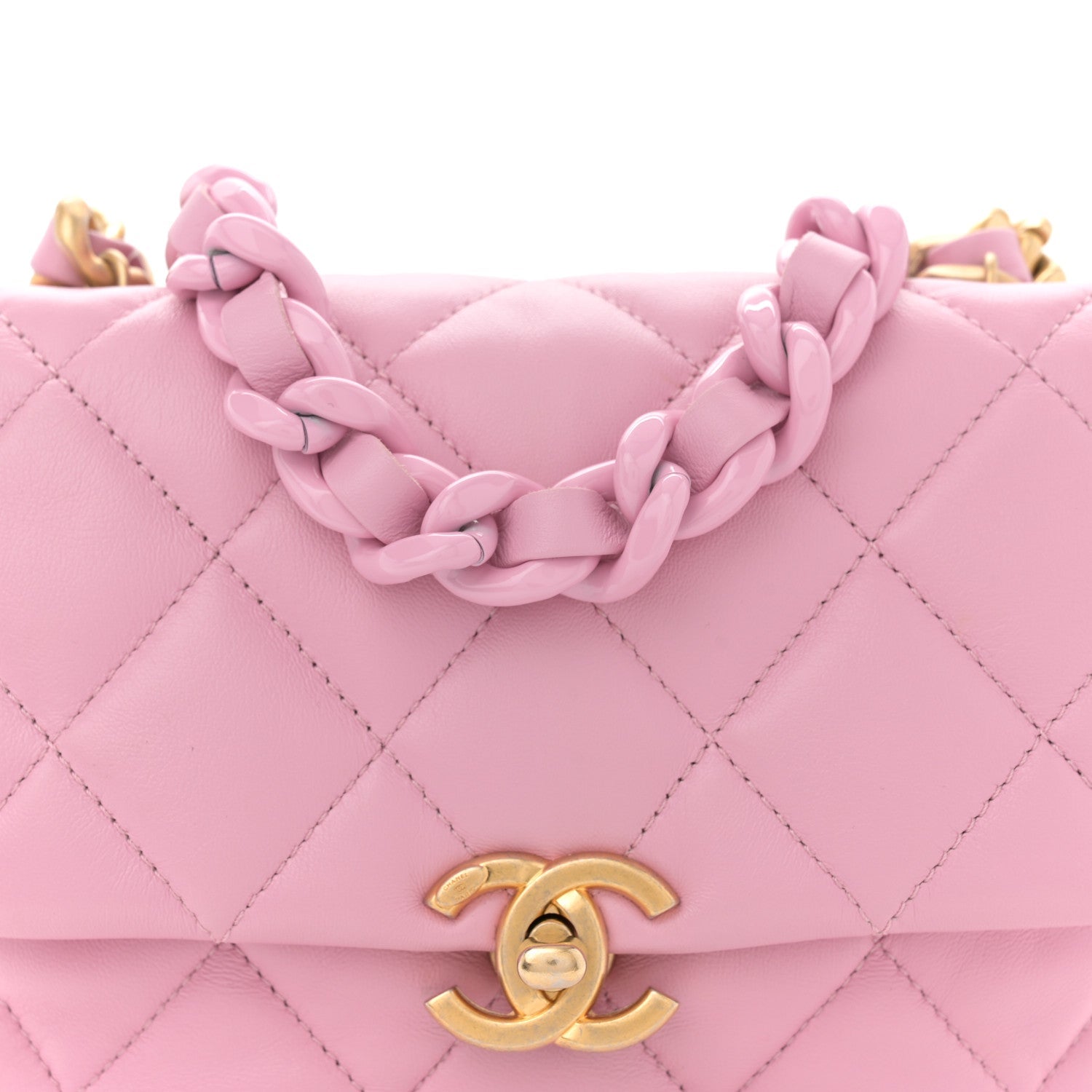 Chanel Lambskin Quilted Mini Lacquered Chain Flap Pink