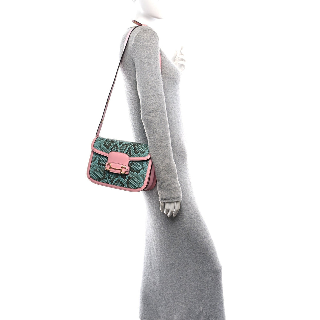 Gucci Snakeskin Calfskin Horsebit 1955 Shoulder Bag Blue Pink