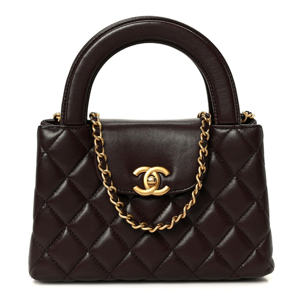 Chanel Shiny Aged Calfskin Quilted Nano Kelly Shopper Dark Brown