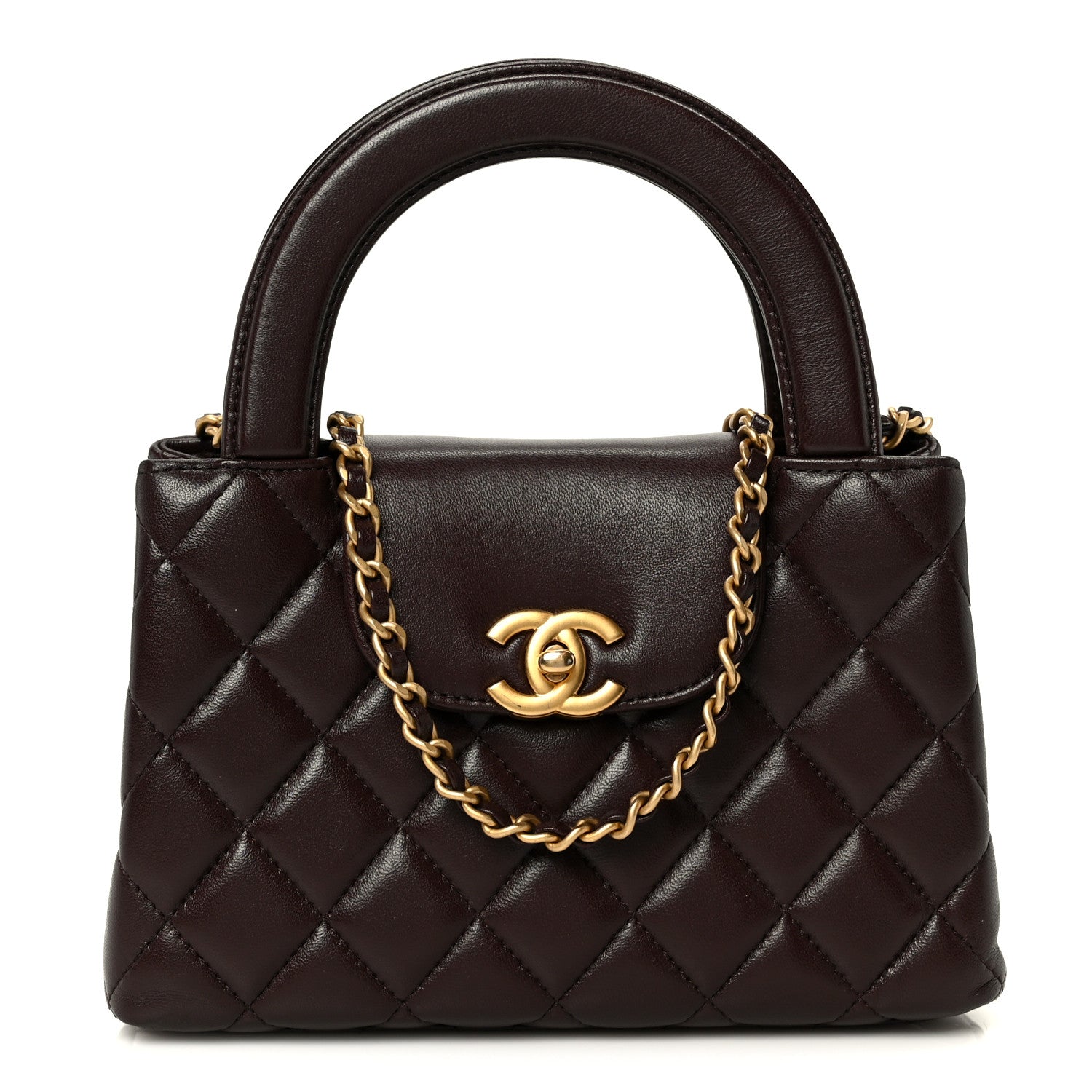 Chanel Shiny Aged Calfskin Quilted Nano Kelly Shopper Dark Brown