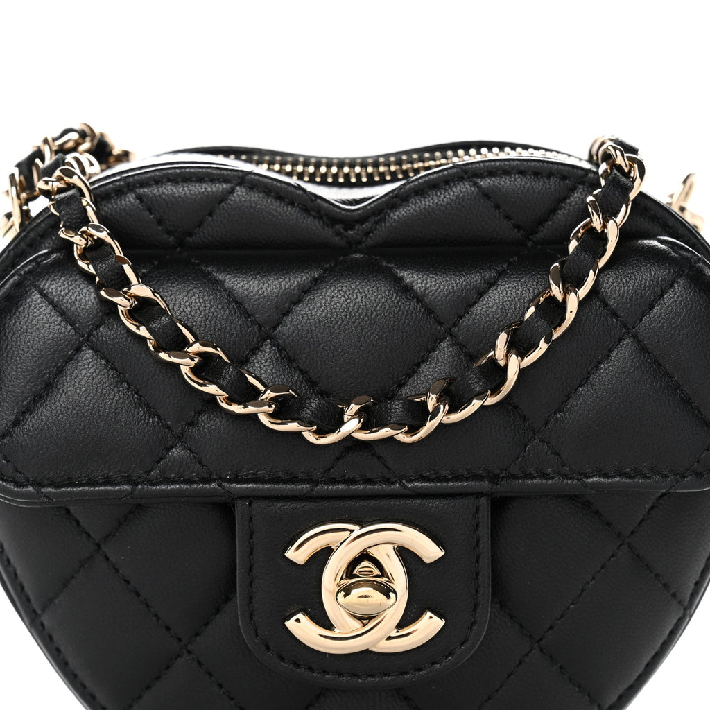 Chanel Lambskin Quilted CC In Love Heart Clutch With Chain Black