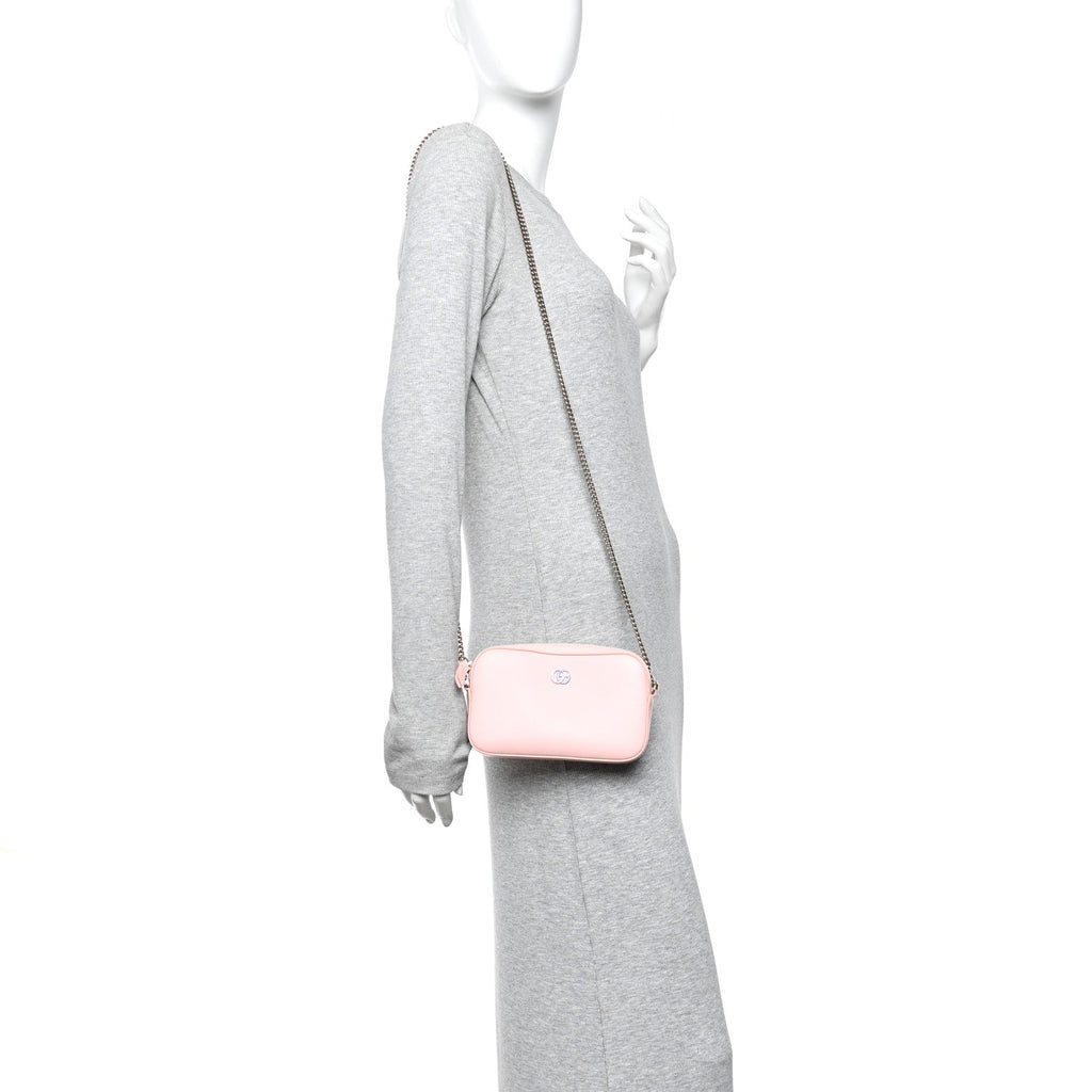 Gucci Dollar Calfskin Enamel Super Mini GG Marmont Chain Shoulder Bag Light Pink Blue