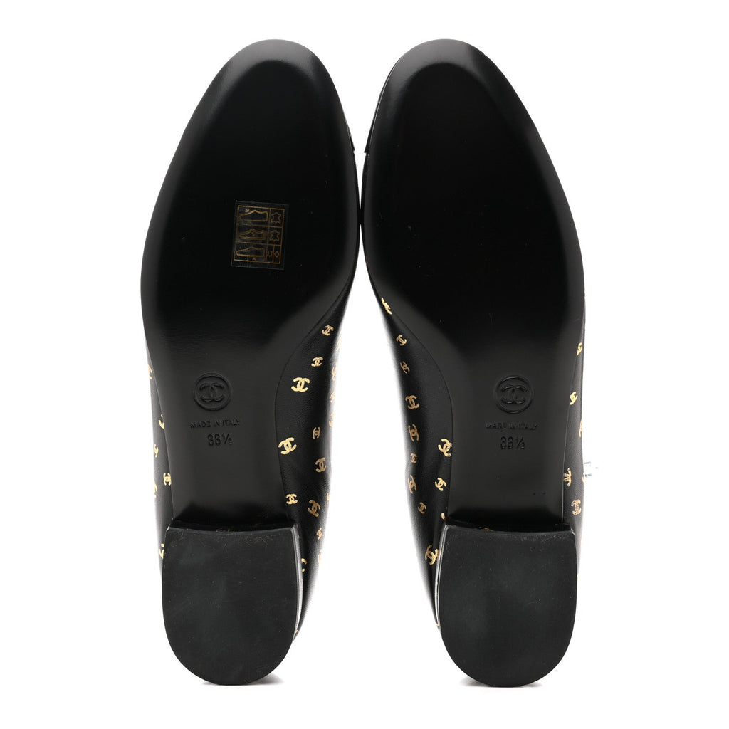 Lambskin Patent Calfskin Printed CC Cap Toe Ballerina Flats 38.5 Black Gold