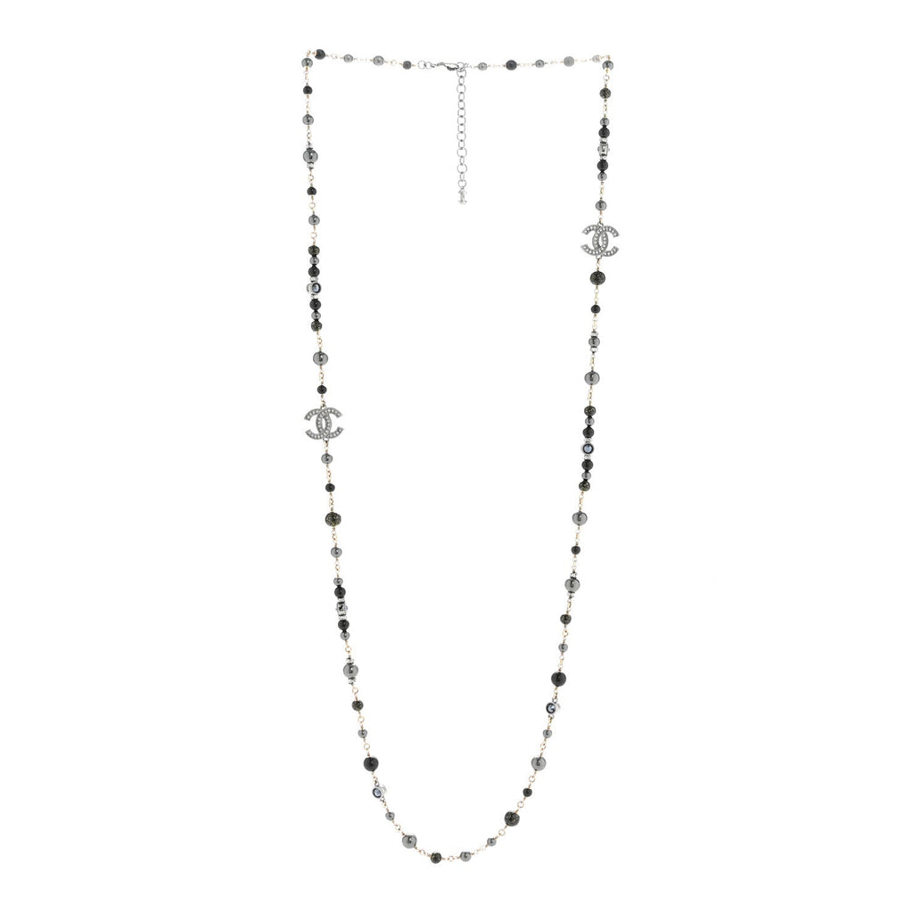 Pearl Bead Crystal CC Long Necklace Black Gold