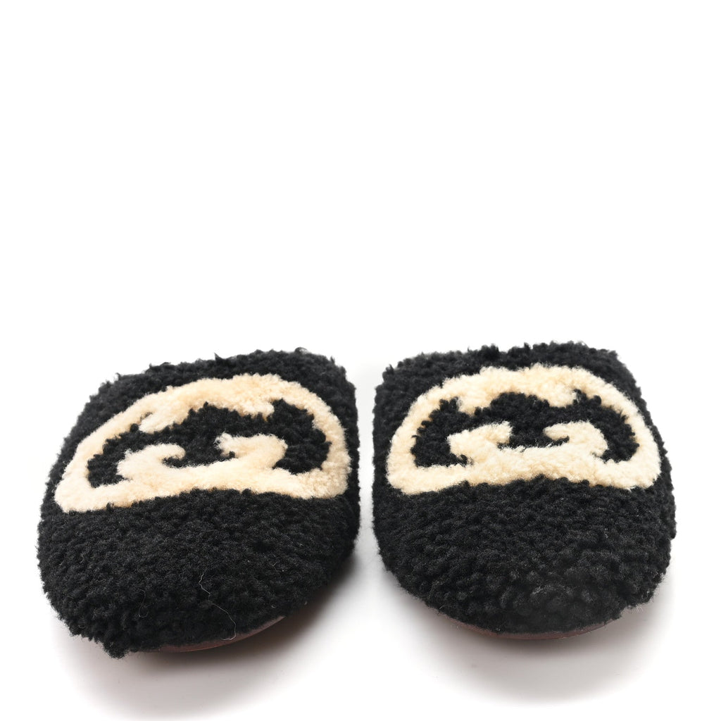Gucci Faux Shearling Interlocking G Womens Eileen Slippers 36.5 Butterscotch Black