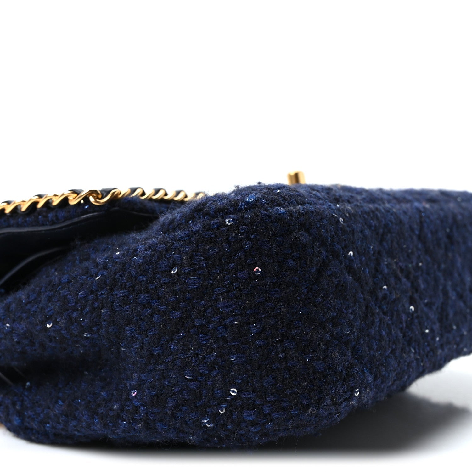 Chanel Tweed Sequin Timeless Classic Chained Double Flap Navy Blue