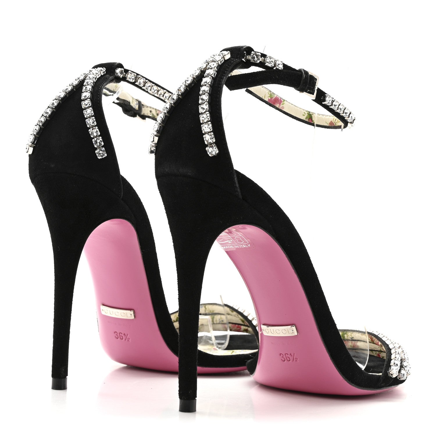 Gucci Kid Scamosciato Crystal Ankle Strap High Heel Sandals 36.5 Black