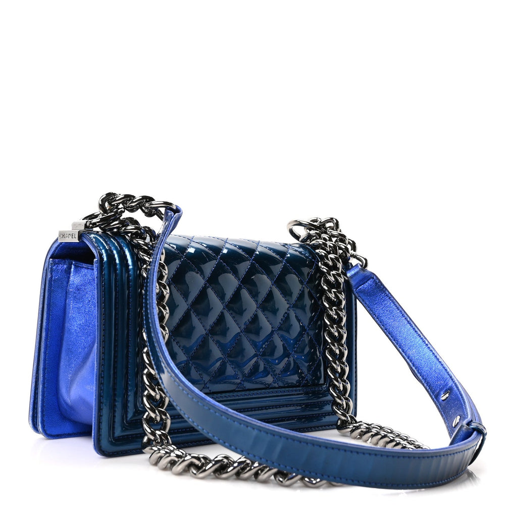 Chanel Metallic Patent Calfskin Quilted Small Boy Flap Blue