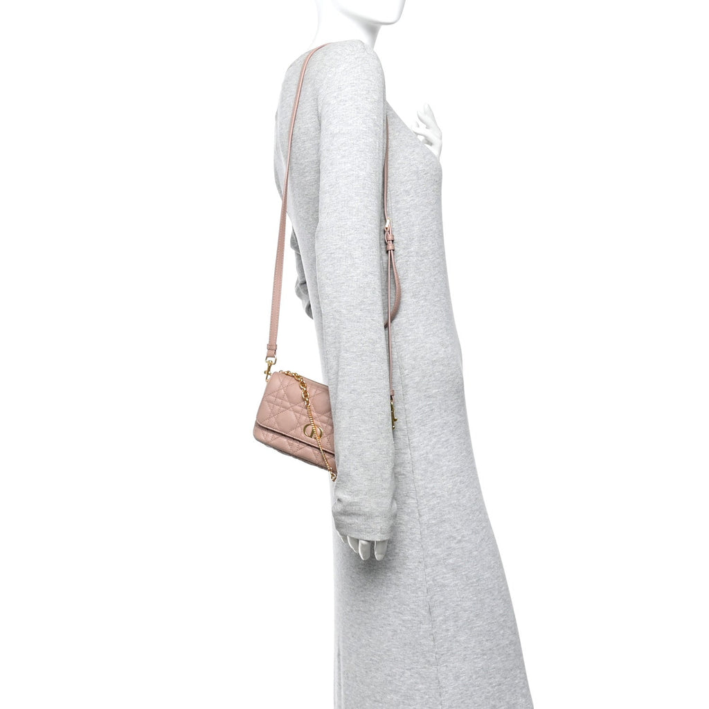 Christian Dior Supple Calfskin Cannage Caro Pouch with Chain Rose Des Vents