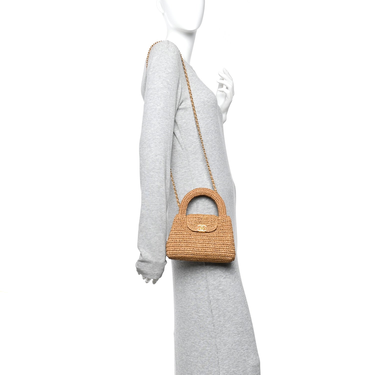 Chanel Braided Raffia Nano Kelly Flap Bag Dark Beige