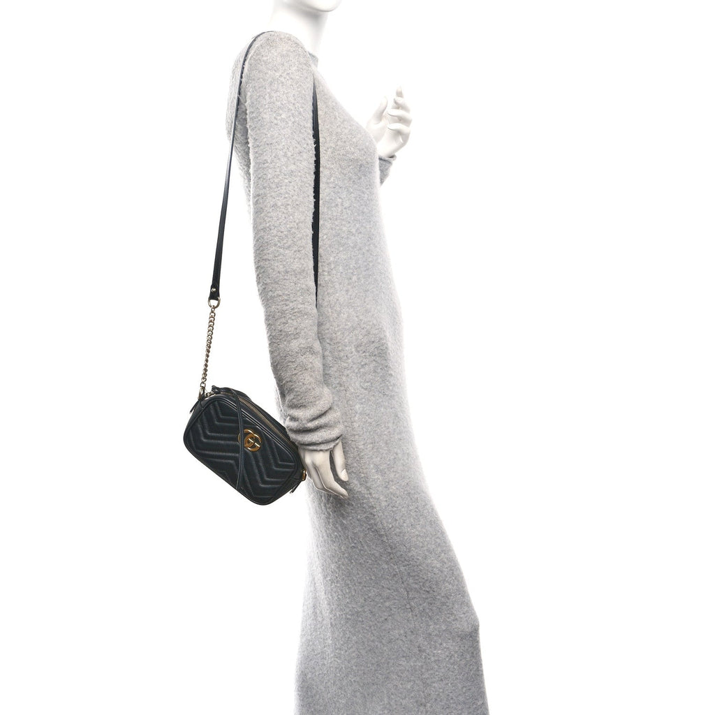Gucci Calfskin Matelasse Small GG Marmont Chain Shoulder Bag Black