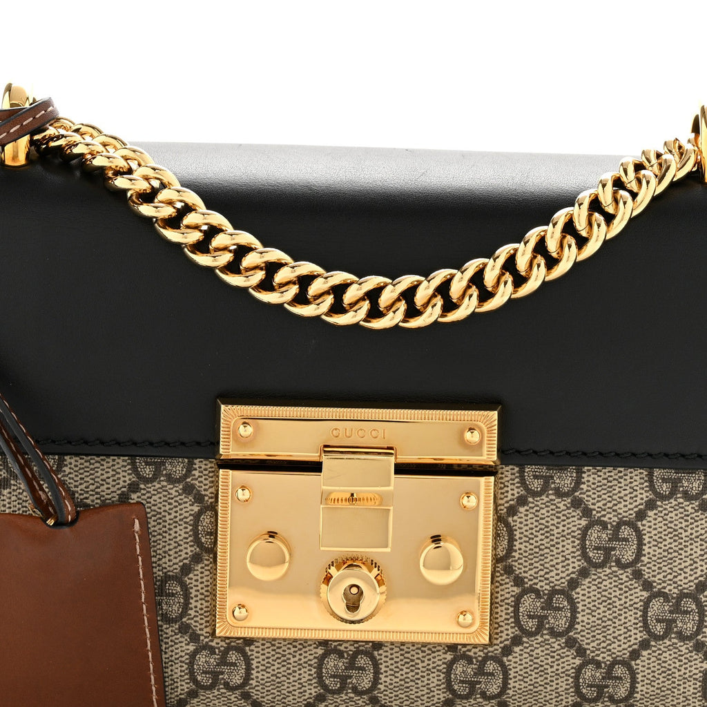 Gucci GG Supreme Monogram Calfskin Small Padlock Shoulder Bag Beige Black Cuir