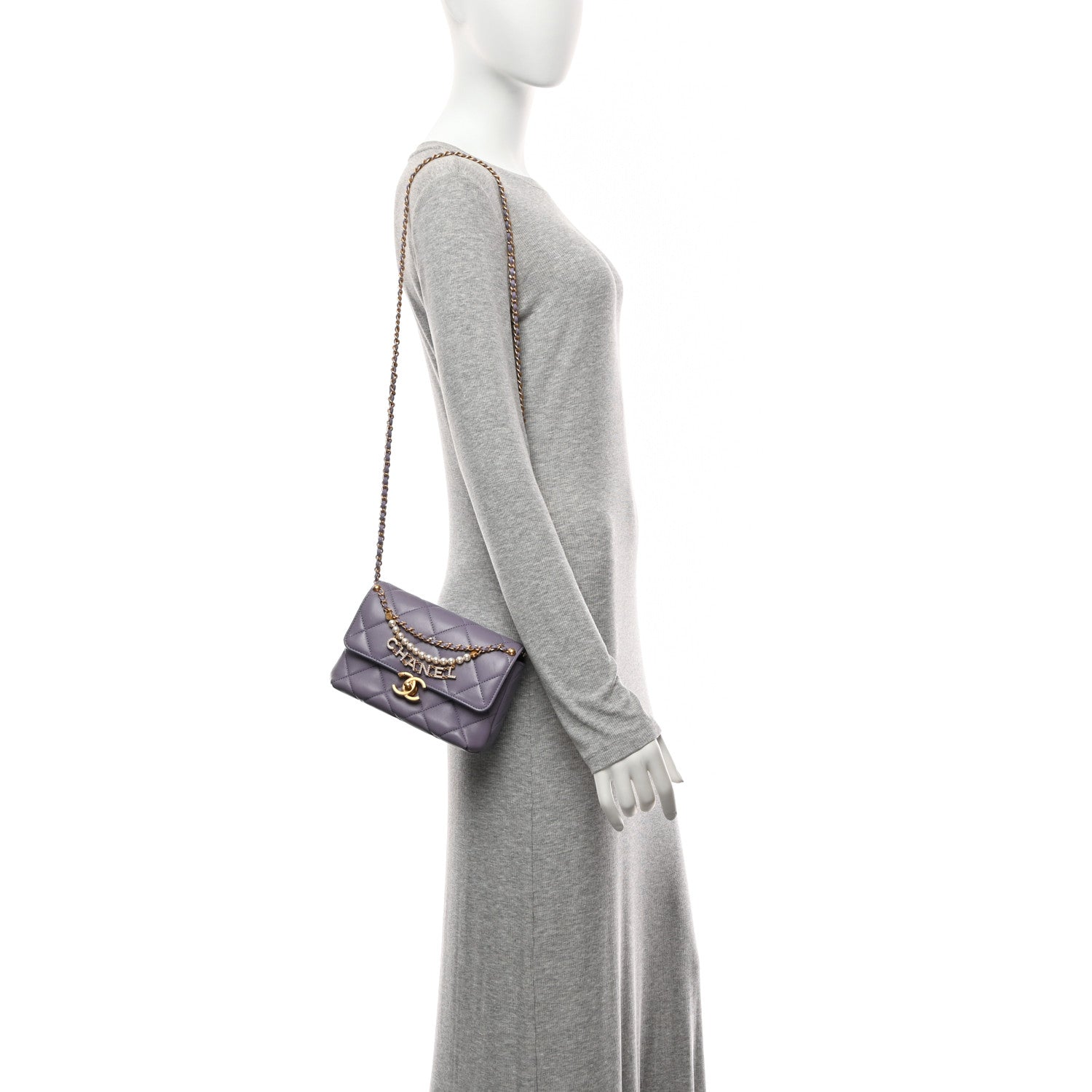 Chanel Shiny Lambskin Quilted Mini Pearl Logo Flap Light Purple