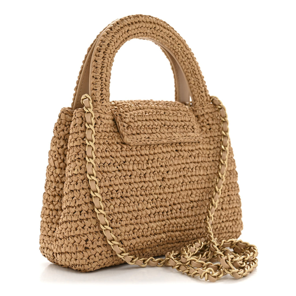 Chanel Braided Raffia Nano Kelly Flap Bag Dark Beige