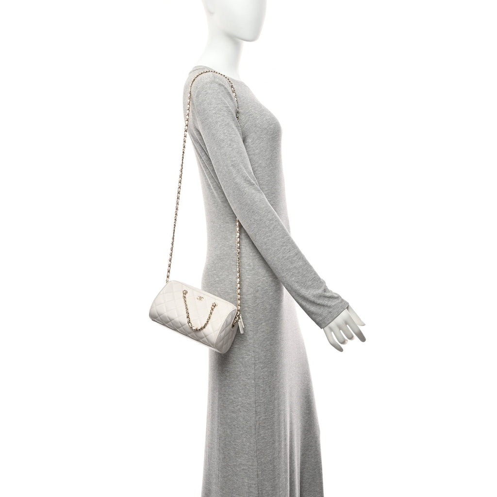 Chanel Caviar Quilted Barrel Clutch With Chain White