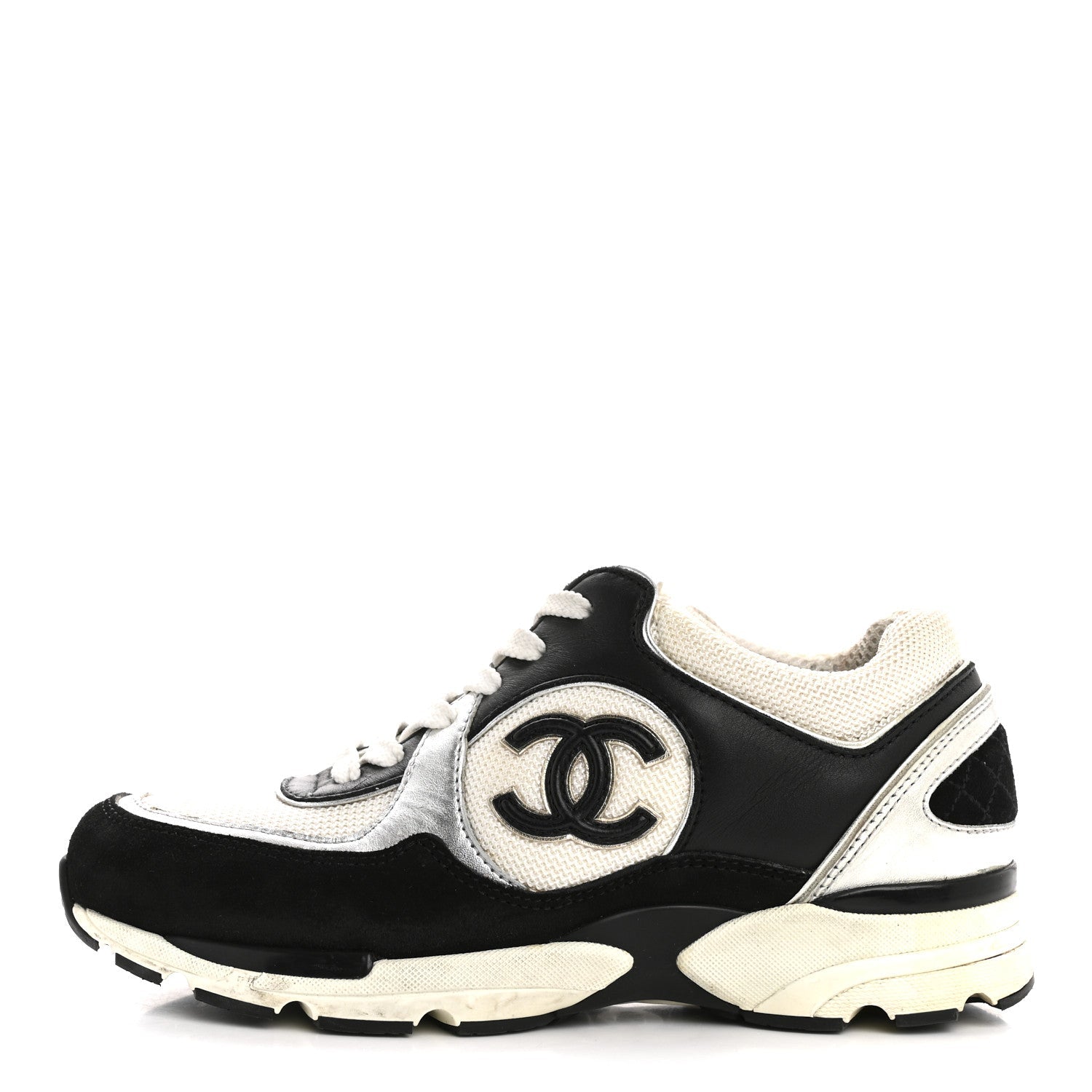 Mesh Suede Calfskin Grained Calfskin Womens CC Sneakers 35 Black White Silver