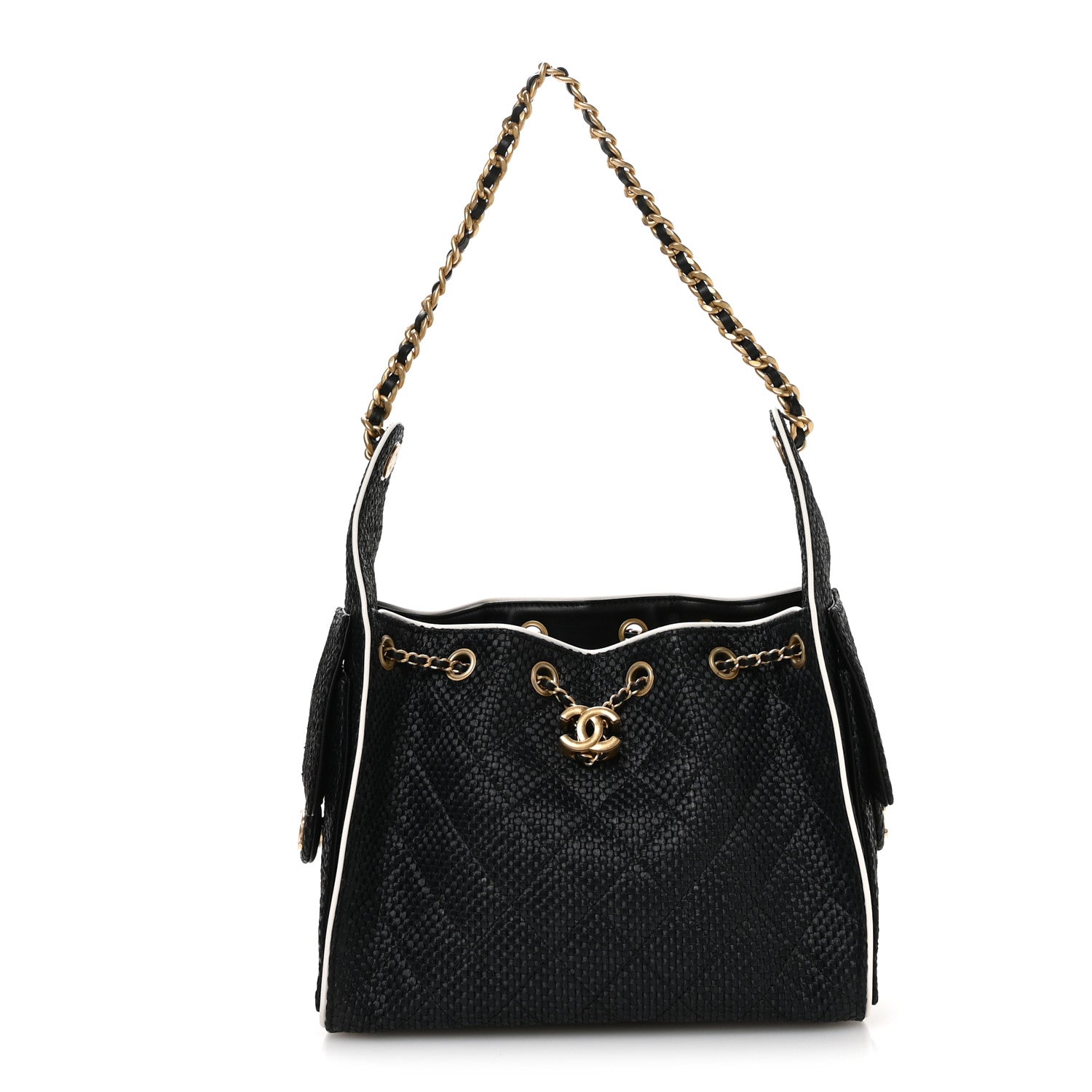Chanel Braided Raffia Calfskin Small Chanel 25 Handbag Black White