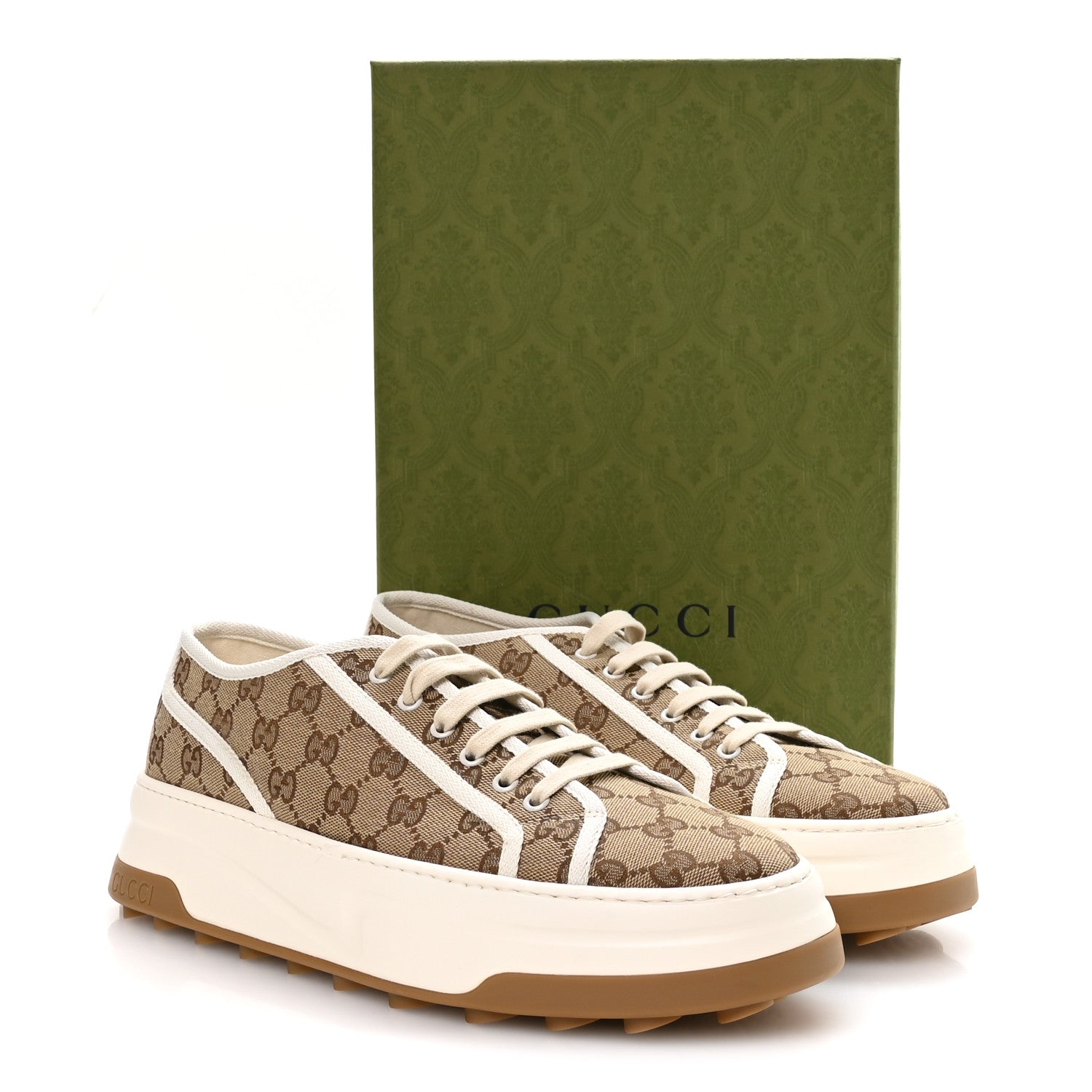 Gucci New Canvas GG Monogram Mens Tennis 1977 55mm Platform Sneakers 11 Beige Ebony Mystic White
