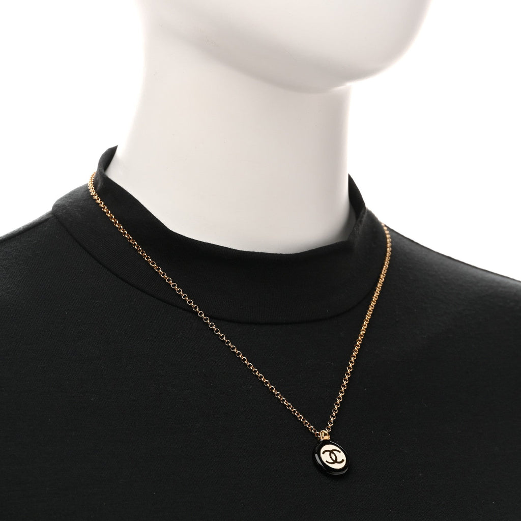 Enamel CC Medallion Chain Necklace Gold Black White