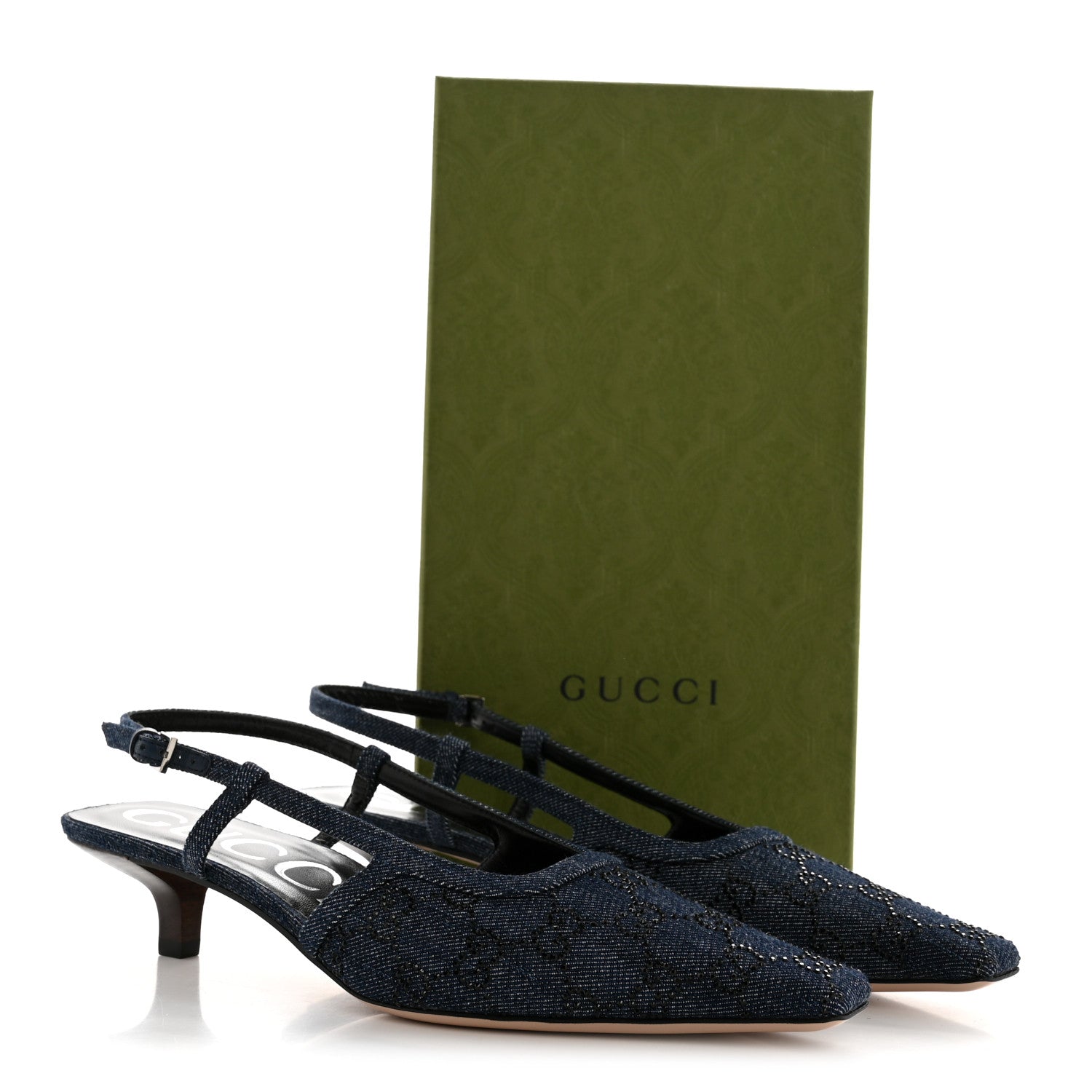 Gucci Denim GG Monogram Malaga Kid Crystal Square G 35mm Slingback Pumps 39.5 Blue