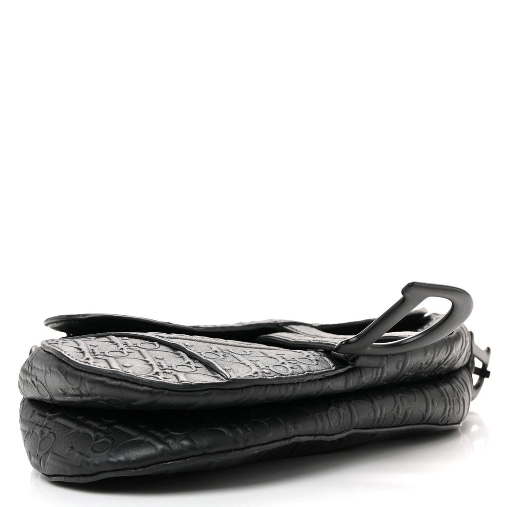 Christian Dior Calfskin Embossed Oblique Saddle Bag Black