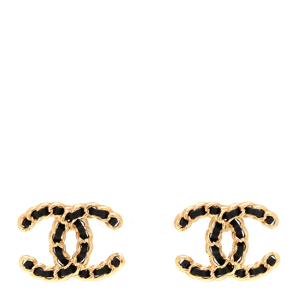 Lambskin CC Chain Earrings Black Gold